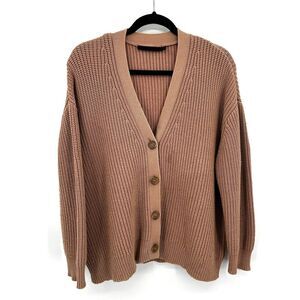 JENNI KAYNE *Flawed Brown Knit Cotton Crop Boxy Cocoon Cardigan Sweater Medium